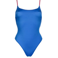 Costume intero tinta unita colore blu satinato con spalline a contrasto colore fucsia Cuciture a contrasto colore fucsia Morbida Lycra 100% Made in Italy