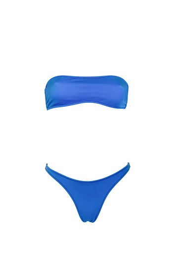 Bikini con Fascia tinta unita colore blu satinato con laccetti e cuciture a contrasto colore fucsia Fascia con coppe estraibili Slip con fianco unito Morbida Lycra 100% Made in Italy