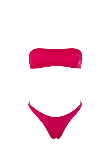 Bikini con fascia tinta unita colore fucsia satinato con laccetti e cuciture a contrasto colore verde Fascia con coppe estraibili Slip con fianco unito 100% Made in Italy