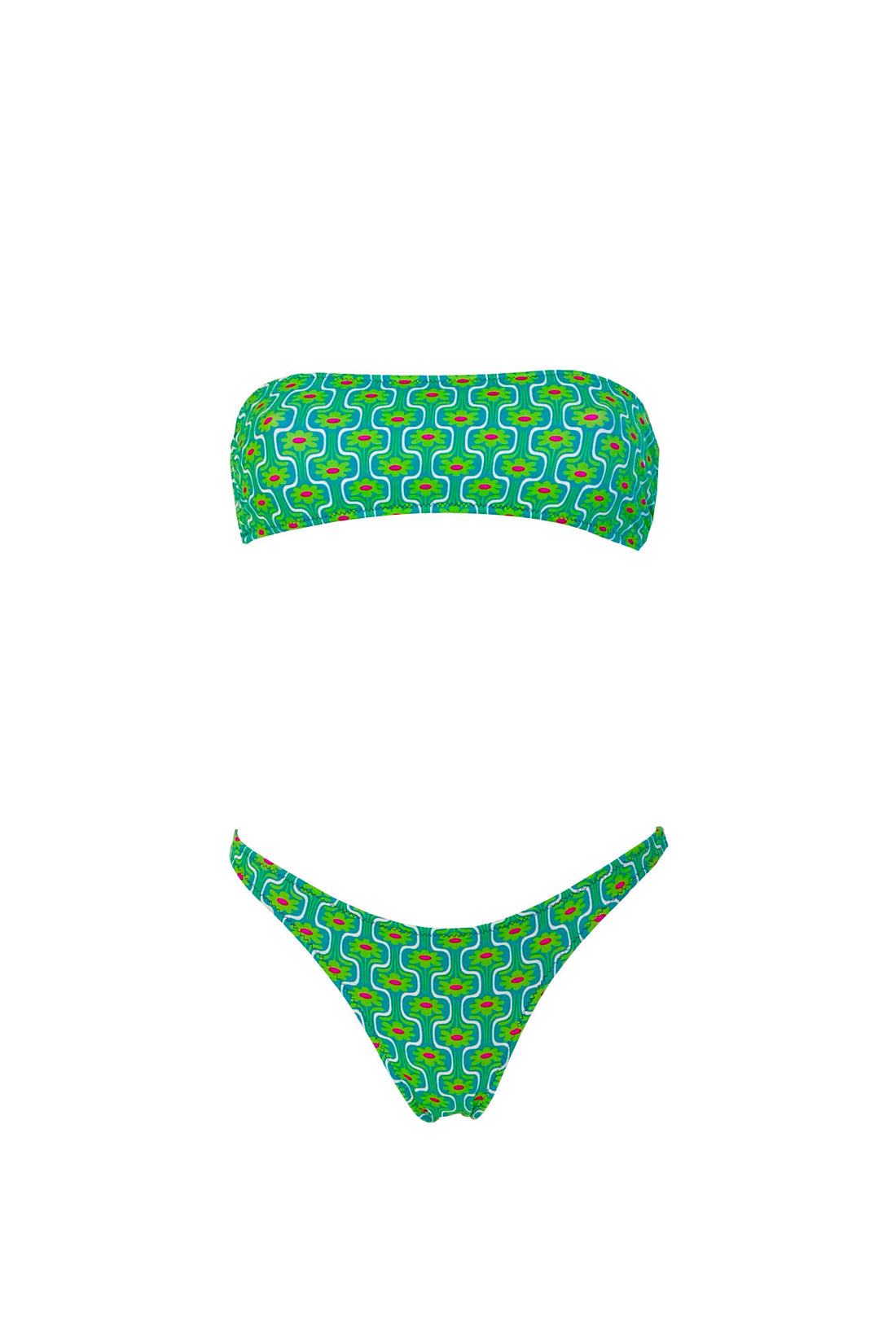Bikini con fascia in fantasia floreale verde con interno e cuciture a contrasto colore fucsia Fascia con coppe estraibili e chiusura con laccetti sottili Slip con fianco unito 100% Made in Italy