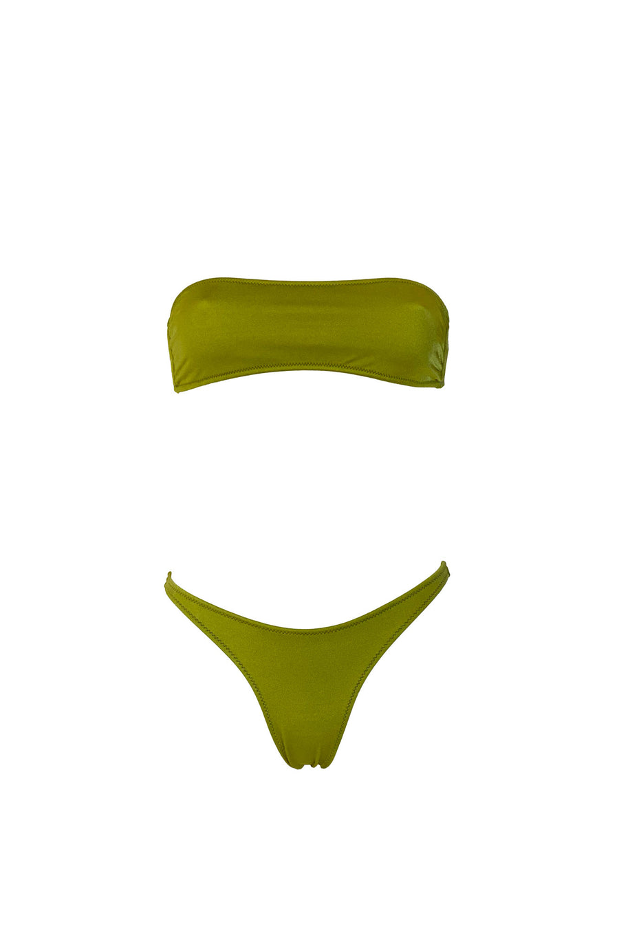 Bikini con fascia tinta unita colore verde satinato con laccetti e cuciture a contrasto colore fucsia Fascia con coppe estraibili Slip con fianco unito 100% Made in Italy 